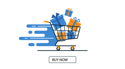 Shopping Cart and Gifts: Dynamic image of a shopping cart overflowing with colorful gift boxes, a symbol of online shopping and presents. © Aimee