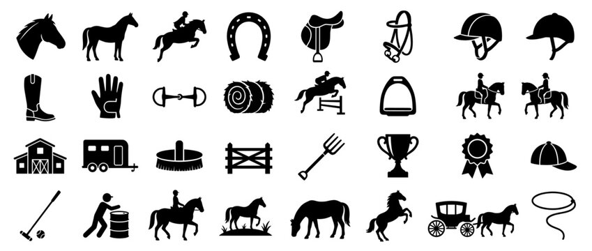 Equestrian Icons: A collection of black and white equestrian icons representing various aspects of horse riding, competition, and related equipment.
