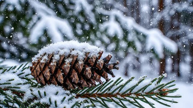 Close up shot of snowy pinecone and evergreen tree branch in falling snow winter wonderland