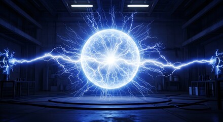 Electricity plasma ball glowing bright blue in dark laboratory with lightning strikes