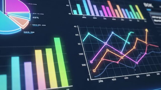 Dynamic business data visualization with charts and glowing ui elements