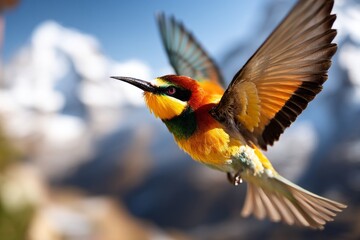 Colorful Bird in Flight Against a Scenic Mountain Background