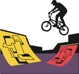 Fototapeta premium Minimalist silhouette of a BMX rider doing a tailwhip over graffiti covered ramps