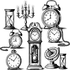 Vintage set of antique clocks and classic old timer icons featuring a vector illustration design with alarm bells, dial numbers, and hourglass symbols for time deadlines