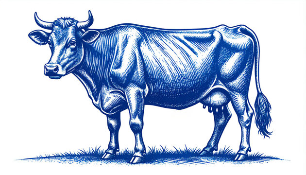 Detailed blue monochrome linocut engraving of a majestic dairy cow standing on grass, isolated on a white background with clean edges. Concept of organic farming and livestock