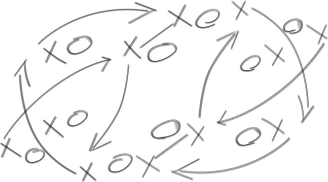 Dynamic hand-drawn sports strategy diagram illustrating player movement and tactical flow isolated on transparent background
