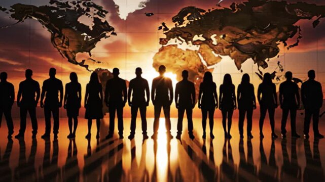 Diverse team silhouette with world map backdrop for global collaboration