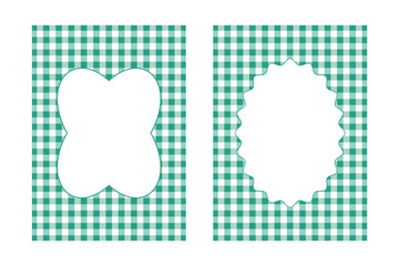 Fototapeta premium Two green gingham card templates with white decorative frames. Vertical layouts for holiday invitations and festive stationery.