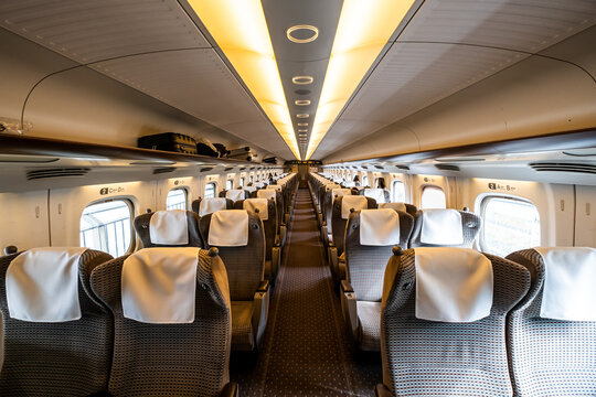 Interior of JR Tokaido / Sanyo Shinkansen N700 series train green car (business class) with comfortable seats in SHIZUOKA, JAPAN on JAN 25, 2020
