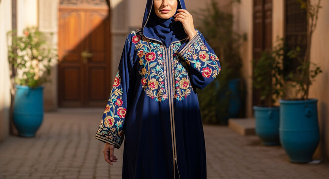 Elegant woman in blue embroidered abaya and hijab poses in a traditional street