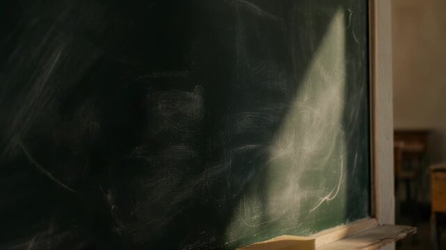 Dusty Vintage Classroom Blackboard with Chalk and Sunlight Creates Nostalgic Atmosphere