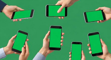 Multiple hands holding various modern smartphones with green screens for content display