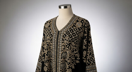 Ornate black garment with gold and silver embroidery on mannequin for fashion display