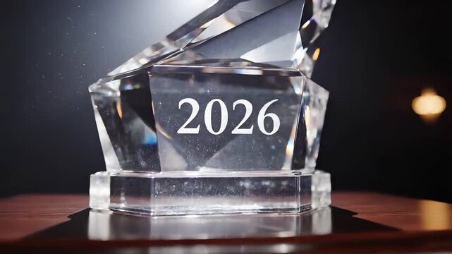 A gleaming crystal award, etched with the year "2026", rests impressively on a dark polished wooden pedestal under a spotlight.