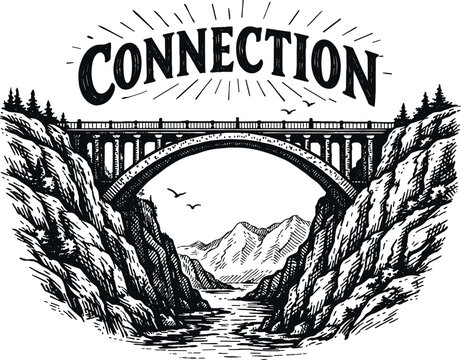 Arch bridge spanning a river between rocky cliffs with text
