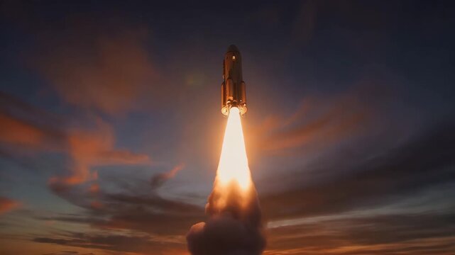 A rocket launching into the sky with clouds and sunset in background