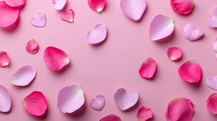 Creative layout made with rose petals and pink paper hearts. Minimal nature love background. Spring flowers concept