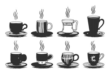 Obraz premium Collection of Eight Steaming Coffee Cups and Saucers in a Sketchy Style