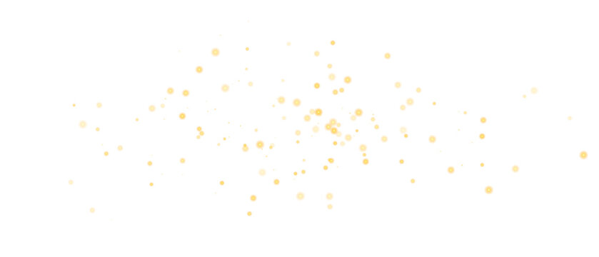 Gold glitter particles splash and shimmer isolated on transparent background. Glowing golden splatter sparkle effect. Festive luxury decoration design element for holiday, party background, PNG