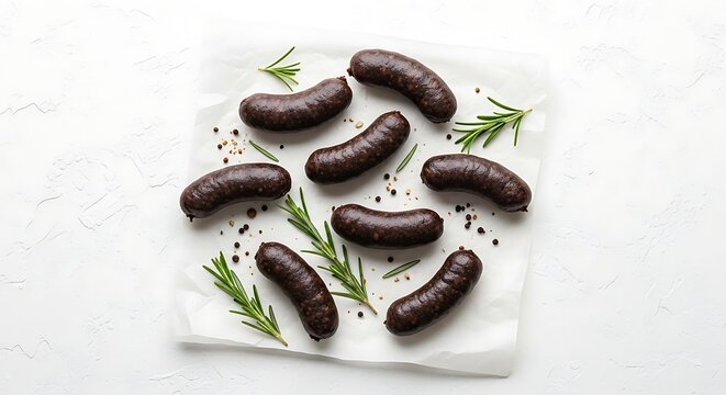 Raw blood sausages with rosemary and pepper on white paper