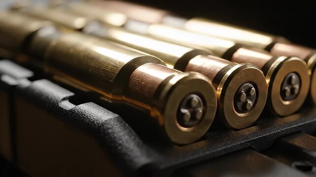 Close-up view of shiny brass ammunition cartridges in a row, showcasing military weapon bullets.