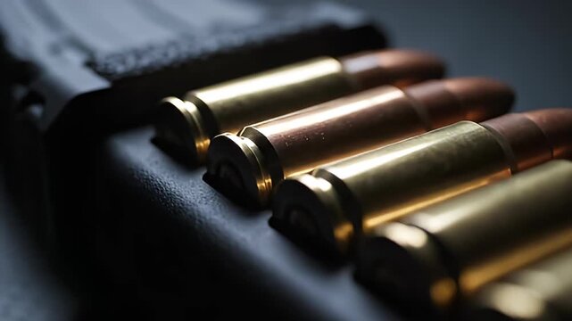 Close-up of Brass Ammunition Cartridges Loaded into a Dark Firearm Magazine