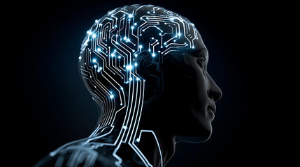 Obraz premium Artificial Intelligence Digital Human Head with Glowing Circuit Board Connections