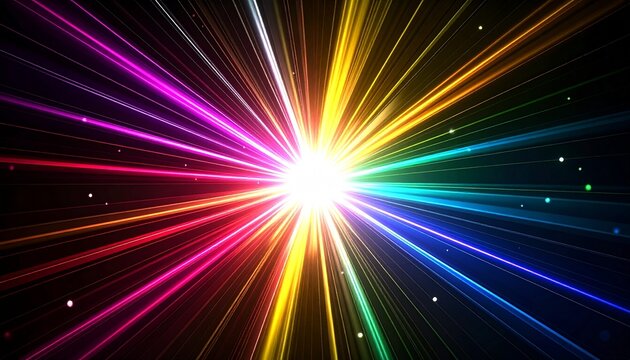 Colorful rainbow light rays burst background　黒背景に虹色に輝く放射状の光とバースト　デジタルイラスト