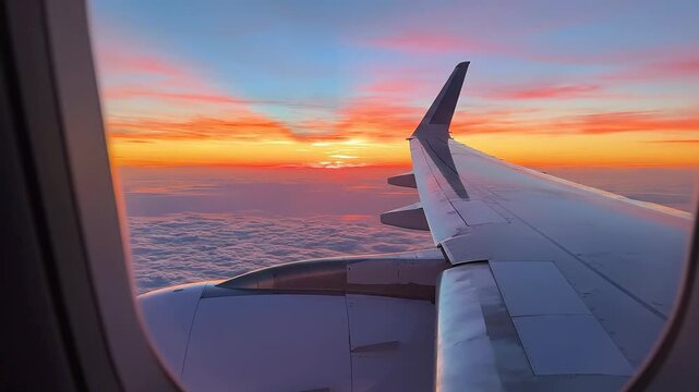 Airplane window view of a vibrant sunset over clouds with wing and engine