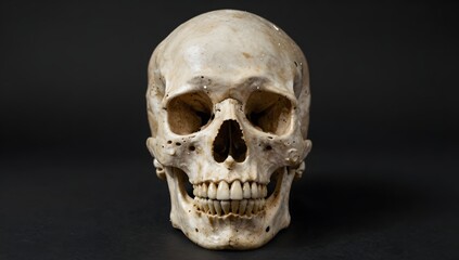 Obraz premium Full human skull with a neutral expression against black background