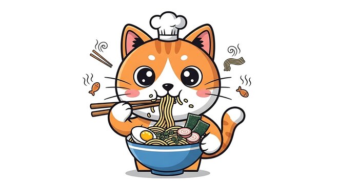 Cartoon Cat Chef Enjoying Ramen - A Delicious Culinary Adventure.