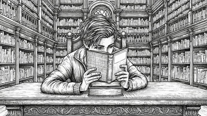 Young man reading a book in a library. © Yadi