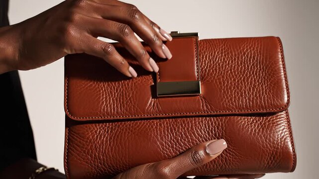 Elegant brown leather purse product showcase featuring dark-skinned hands with manicured nails