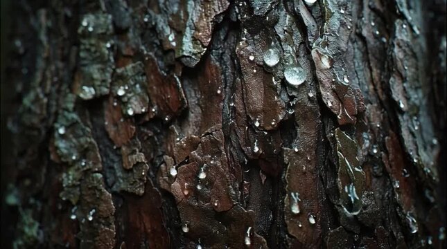 Close-up view of a tree trunk with water droplets on its bark in a forest environment