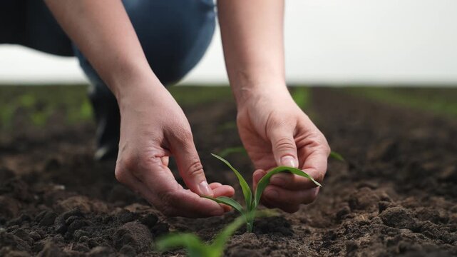 hand farmer sprout, young germ land field, agriculture, farming, business growth development, tree business planet uhd irrigates preparing earth nutrition spring rain teamwork life absorbs water takes