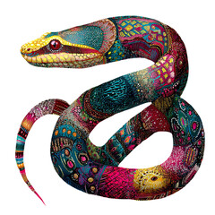 Colorful snake with intricate patterns in vibrant psychedelic style on white background for tattoo design