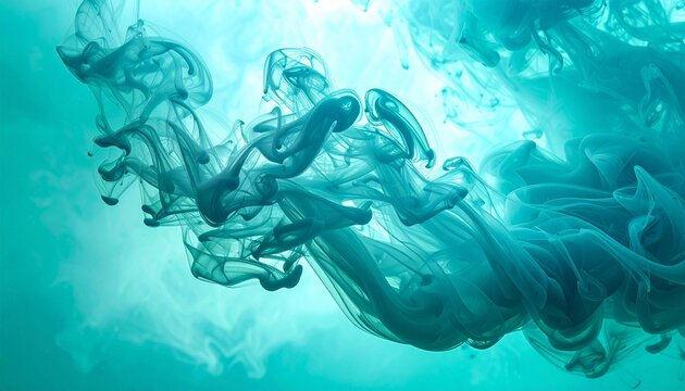 Swirling white smoke or ink diffusing in turquoise liquid, creating intricate organic tendrils and dynamic motion.