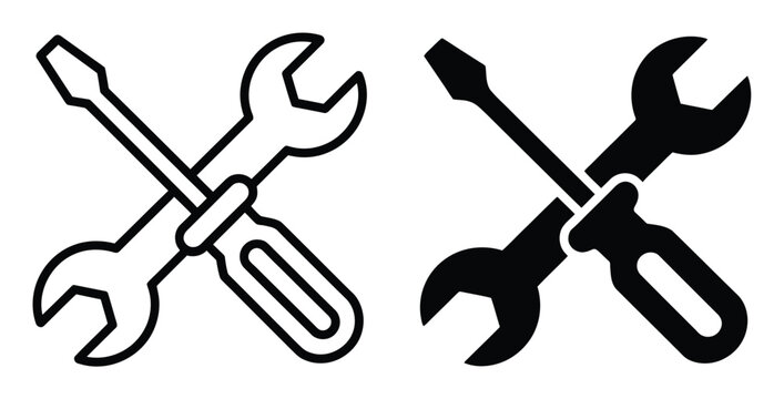 Crossed Wrench and Screwdriver Icons: Outline and Solid Fill