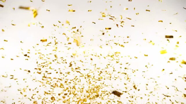 A vibrant explosion of shiny golden confetti bursts outwards from a central point against a clean white background.