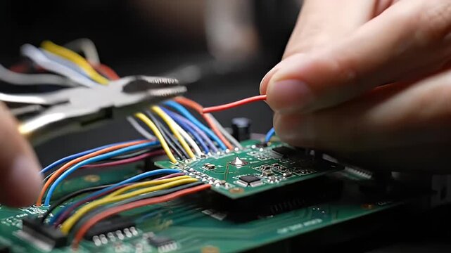 Hands Soldering and Wiring a Complex Circuit Board for Electronic Assembly and Repair
