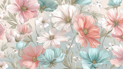 Pastel floral wallpaper with chalk texture and copy space.
