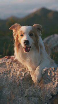 A red Border Collie lies on a rock in the mountains against the backdrop of the sky and mountains at sunset. The cute dog smiles.