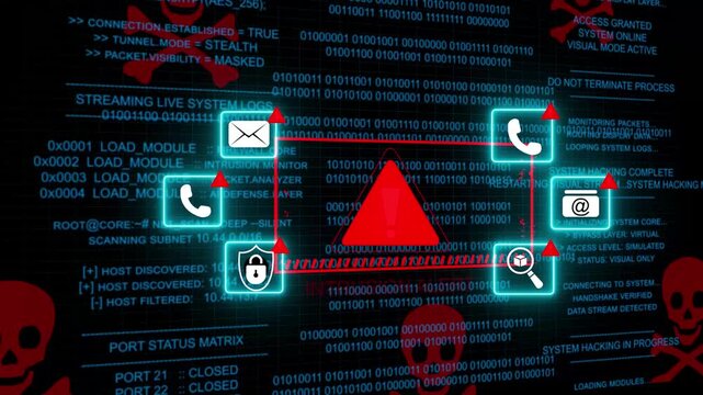 Data error cybersecurity alerts displaying warning symbols, animation, hacking threats, data breaches, and internet security issues, a technology concept.