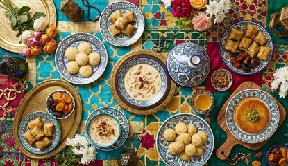 Traditional Ramadan Iftar Feast with Assorted Middle Eastern Dishes on Colorful Table