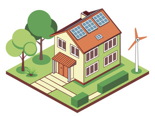 Isometric Eco-Friendly House with Solar Panels and Wind Turbine