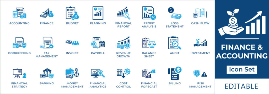 Finance and accounting icon set featuring budget planning, financial reporting, bookkeeping, tax management, revenue growth, cash flow, audit, and investment analysis symbols.