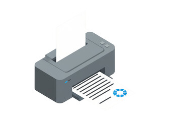 Gray office printer machine printing paper document with circular blue logo element