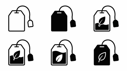 Six black/white vector icons of tea bags showing outline, solid fill and steeping leaf effects, concept for beverage menus, organic packaging and web design elements