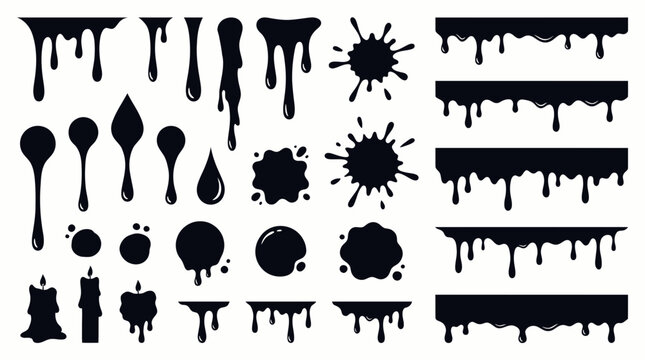 Large vector set of black dripping liquid, melt slime, ink drops and paint splatters silhouettes on white background, concept for graphic design, Halloween decoration and food packaging design
