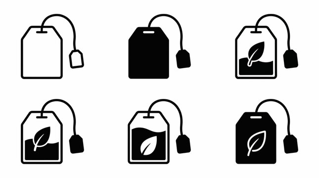 Six black/white vector icons of tea bags showing outline, solid fill and steeping leaf effects, concept for beverage menus, organic packaging and web design elements